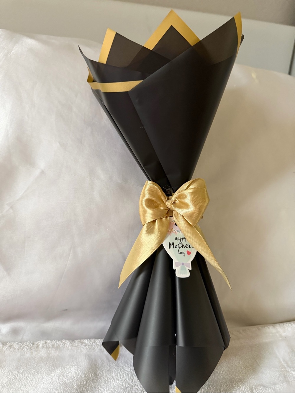 Black and Gold Floral Wrap with Gold Ribbon - Elegant Bouquet Presentation